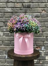 Цветочная композиция из Гипсофила и Розы в шляпной коробке в Анциферово Новгородская область