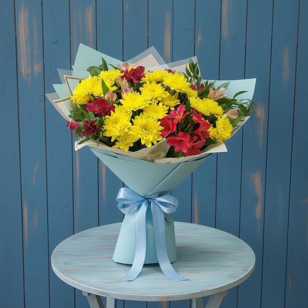 Букет цветов из: Альстромерии и Хризантемы в Анциферово Новгородская область