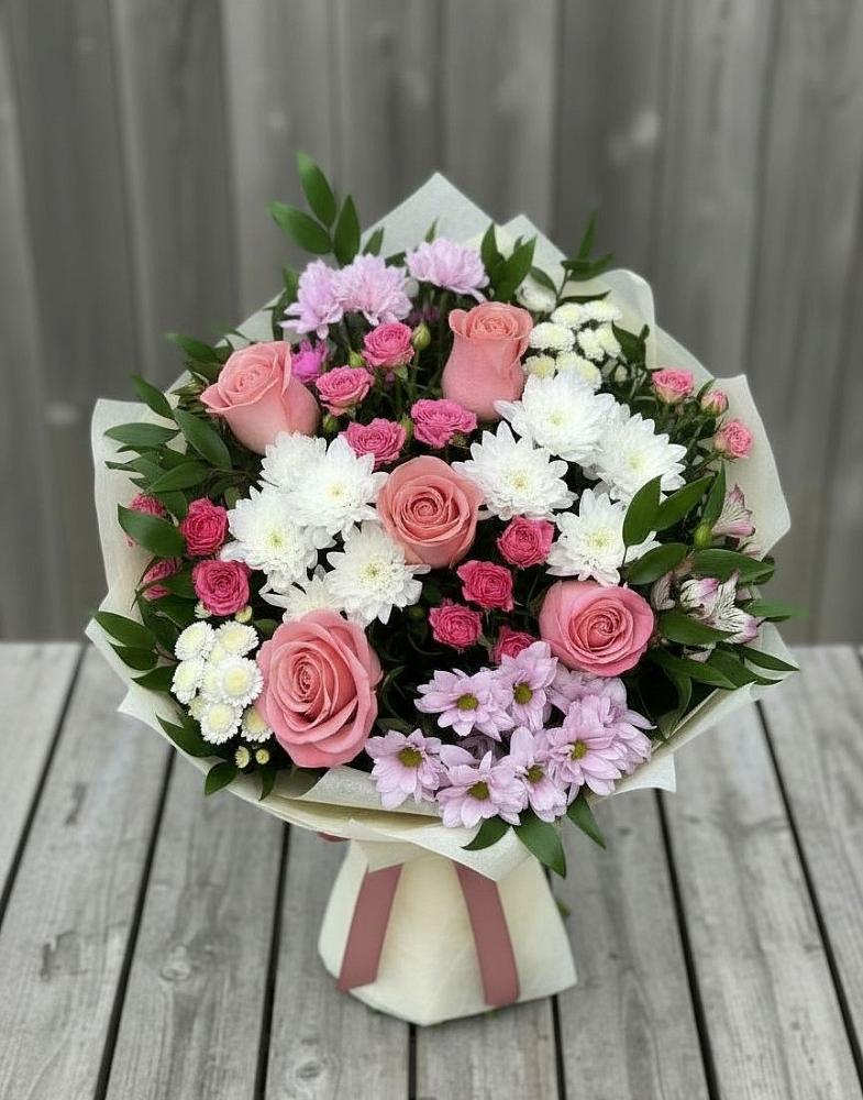 Букет цветов из: Альстромерии, Гвоздики, Розы и Хризантемы в Анциферово Новгородская область