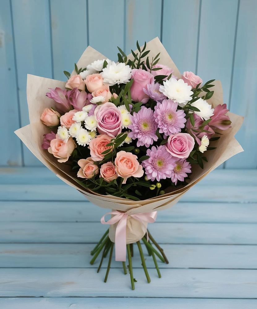 Букет цветов из: Хризантемы, Розы и Альстромерии в Анциферово Новгородская область