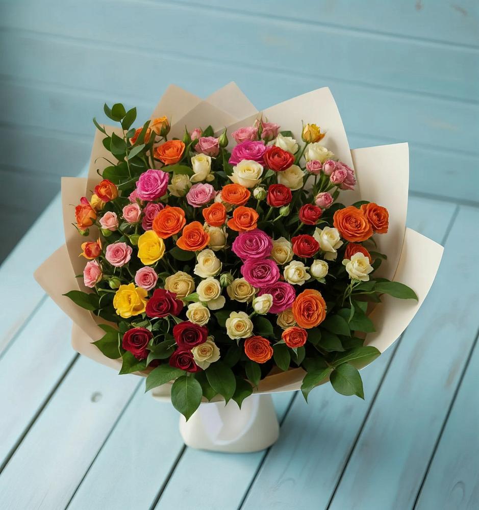 Букет Микс из разноцветных кустовых роз в Анциферово Новгородская область