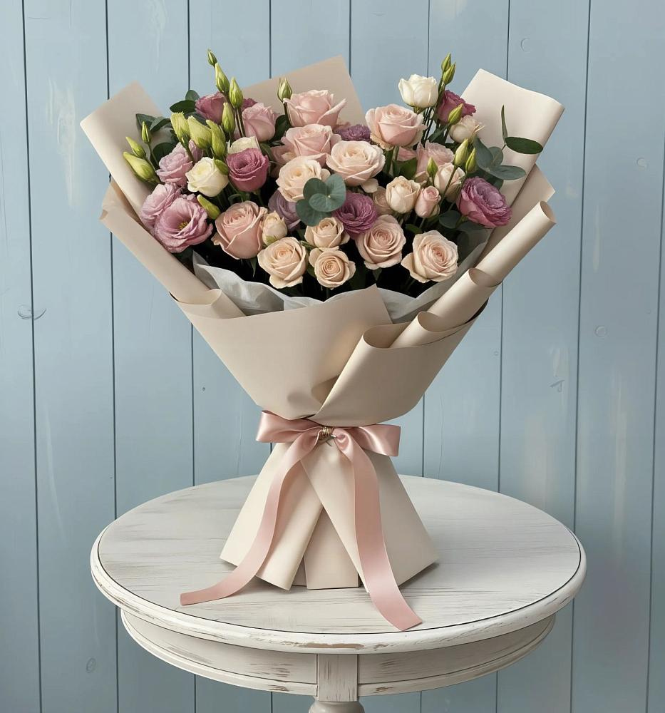 Букет цветов из: Розы и Лизиантусы в Анциферово Новгородская область