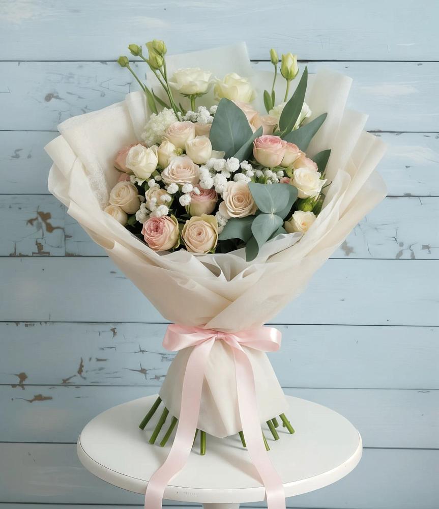 Букет цветов из: Розы и Лизиантусы в Анциферово Новгородская область