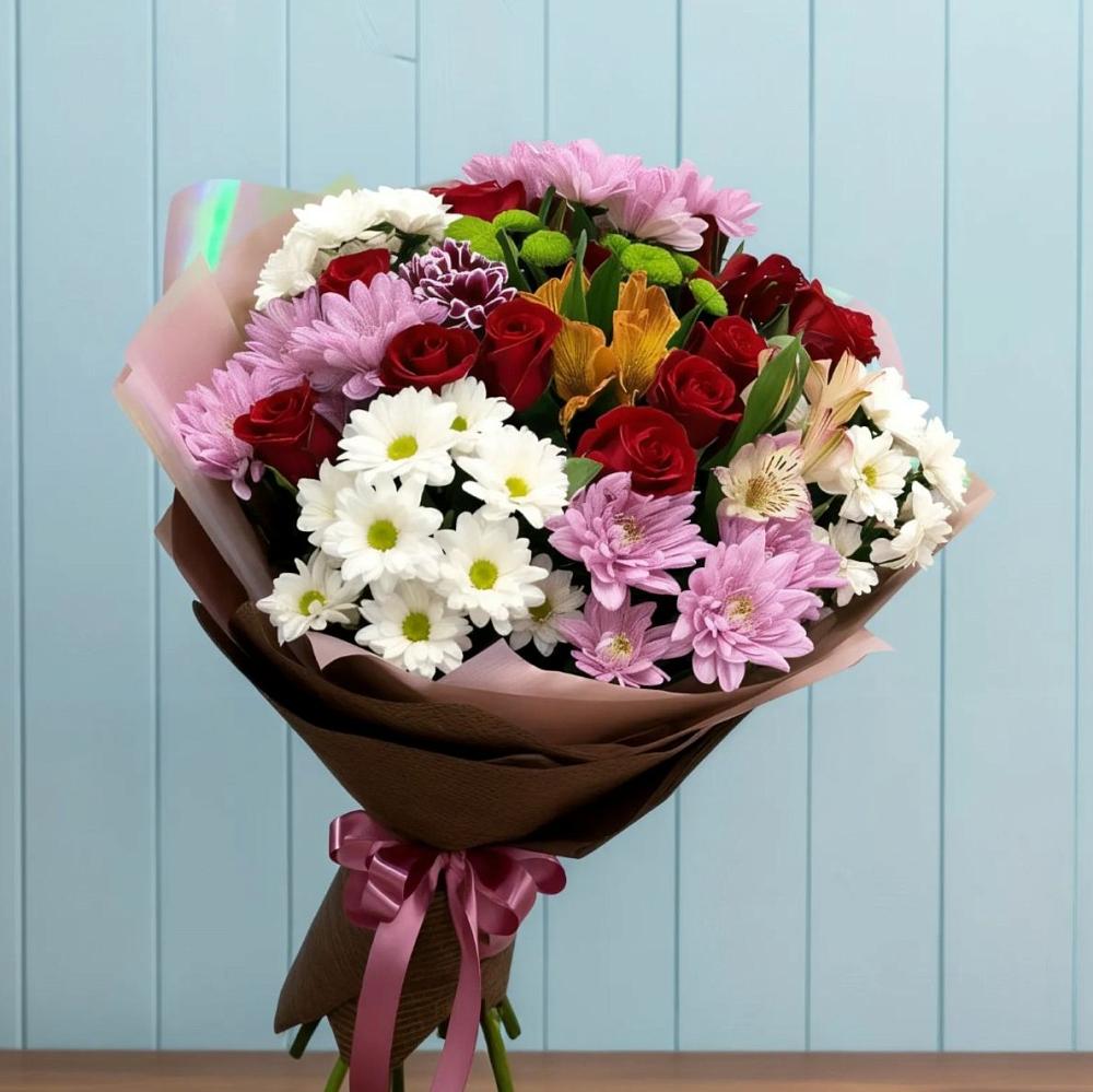 Букет цветов из: Розы, Хризантемы и Альстромерии в Анциферово Новгородская область