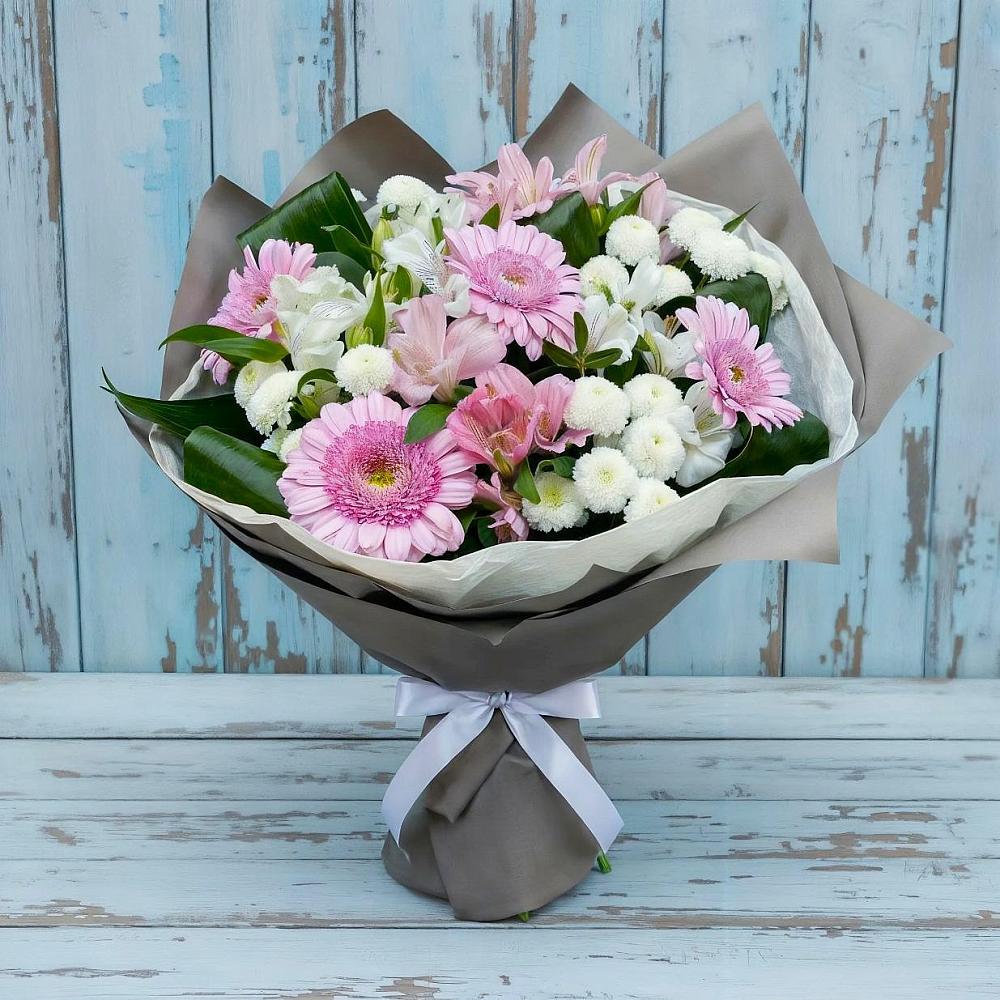 Букет цветов из: Герберы, Альстромерии и Хризантемы в Анциферово Новгородская область