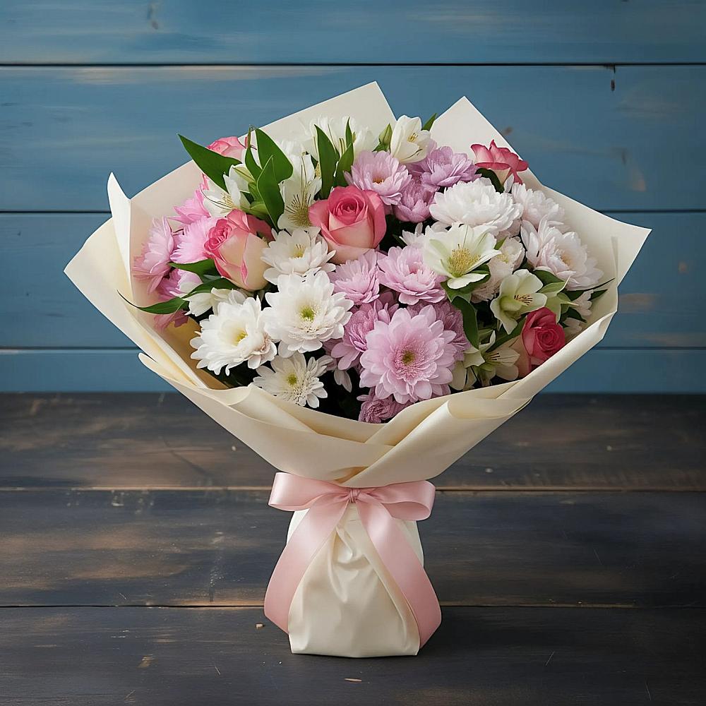 Букет цветов из: Хризантемы, Альстромерии и Розы в Анциферово Новгородская область